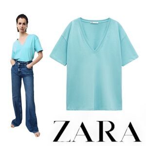 ZARA | Blue | OVERSIZE V-NECK TOP